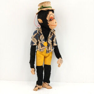 Vintage 1950s Monkey Doll Felt Plush Toy w/ Straw Hat & Shirt Handmade Japan 11"